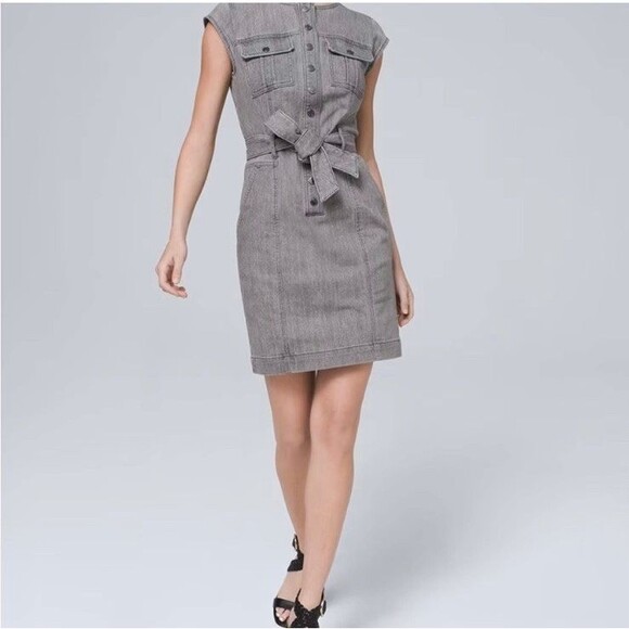 WHBM Women's Snap Button Front Gray Acid Wash Belted Denim Mini Dress - Picture 4 of 10